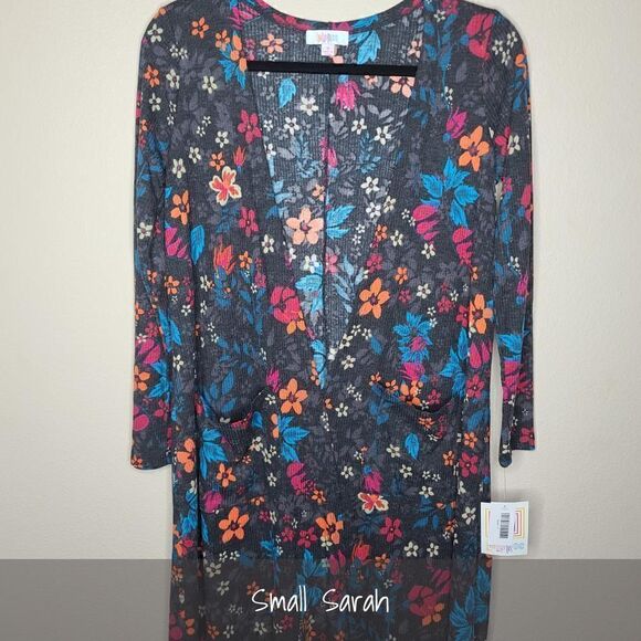 LuLaRoe Sarah Duster Cardigan Small Floral Charcoal Ribbed Blue Orange NEW - Picture 1 of 2